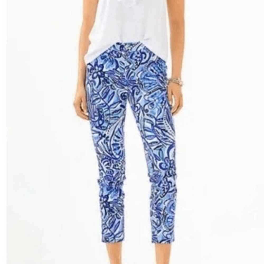 Lilly Pulitzer Kelly Ankle Length Pant Zanzibar Zoo Pattern Blue White SZ 6